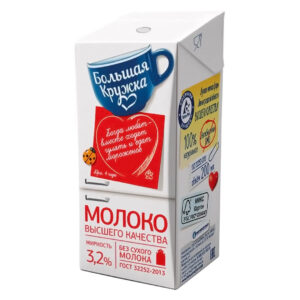 Молоко "Большая Кружка" ультрапастер.3,2% (с крышкой) 0,98л/12шт "Галактика"